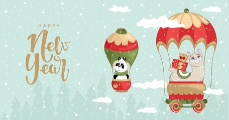 Christmas card with a Llama and a Panda in a balloon. Handwritten new year greetings. Vector illustration.