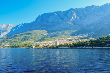 Cityscape of Makarska, Croatia. View of the city from the sea.