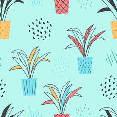 Home plants seamless pattern for print, textile, fabric. Hand drawn plants in pots background.