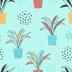 Fototapete Pflanzen in Töpfen Hauspflanzen nahtloses Muster für Druck, Textil, Stoff. Handgezeichnete Pflanzen im Topfhintergrund.