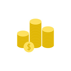 Dollar stack vector illustration, coins money, one golden coin standing on stacked gold money modern design isolated on white background