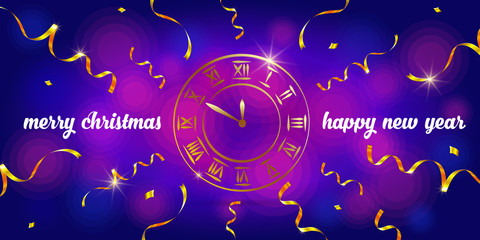 Greeting card Happy New Year and Merry Christmas. Gold watch with roman numerals on a beautiful, colorful background. Vector illustration