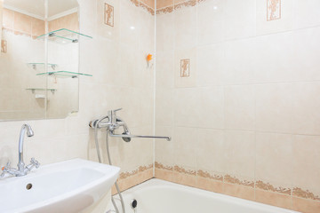 Russia, Moscow- June 10, 2019: interior room apartment. standard repair decoration in hostel. bathroom and toilet