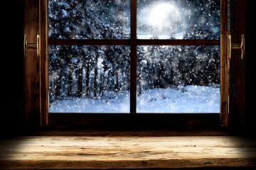desk of free space and winter window 