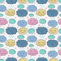 Plexiglas foto achterwand Cute hand drawn seamless pattern with clouds. Background for kids with smiling clouds. Vector illustration © mejorana777