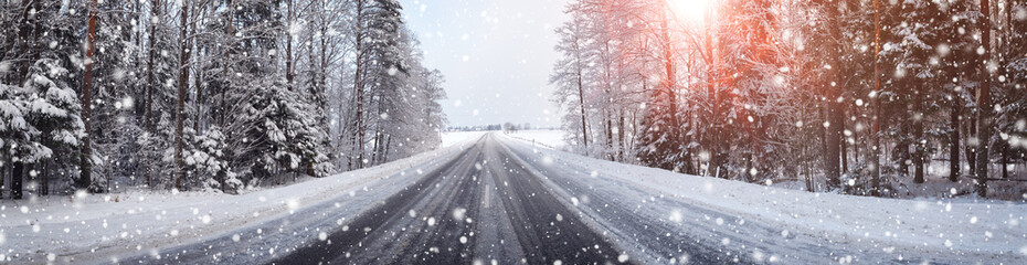 winter road, covered with snow on sunny day