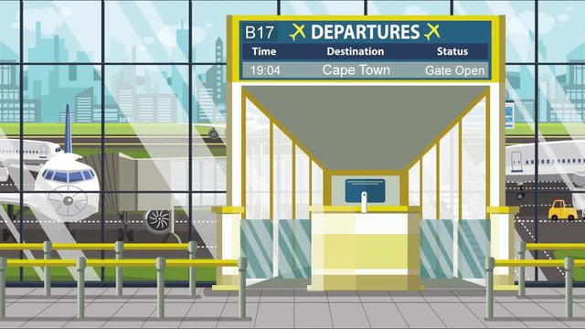 Airport gate. Departure board with Cape Town text. Travel to South africa related loopable cartoon animation