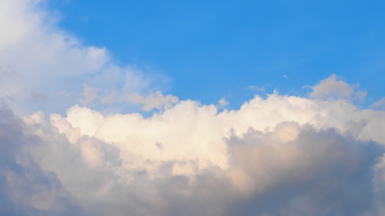 Beautiful bright blue sky and white clouds for cute background, wallpaper and decoration. Cool banner on page, presentation and website. Blue sky and clouds theme, inspirational and new day concept