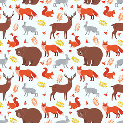 Seamless pattern of forest animals and plants: fox, deer, bear, hare, squirrel, autumn leaves, rowan berries isolated on white background. Colorful vector background. Illustration of wild animals
