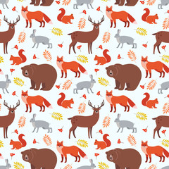 Seamless pattern of forest animals and plants: fox, deer, bear, hare, squirrel, autumn leaves, rowan berries isolated on white background. Colorful vector background. Illustration of wild animals
