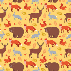 Seamless pattern of forest animals and plants: fox, deer, bear, hare, squirrel, autumn leaves, rowan berries isolated on yellow background. Colorful vector background. Illustration of wild animals