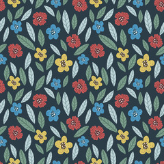 Elegant romantic colorful seamless floral pattern with wild colorful flowers on dark background. Ditsy print. Perfect for fabric, manufacturing, textile etc. Vector illustration
