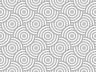 Papier Peint photo Style japonais Motif de cercles répétitifs croisés gris et blanc. Arrière-plan transparent de cercles de style japonais. Carreaux de motif ondulé géométrique abstrait en spirale moderne. Texture répétée sans fin. Illustration vectorielle.