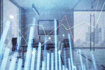 Business theme graph hologram with minimalistic cabinet interior background. Double exposure. Stock market concept.