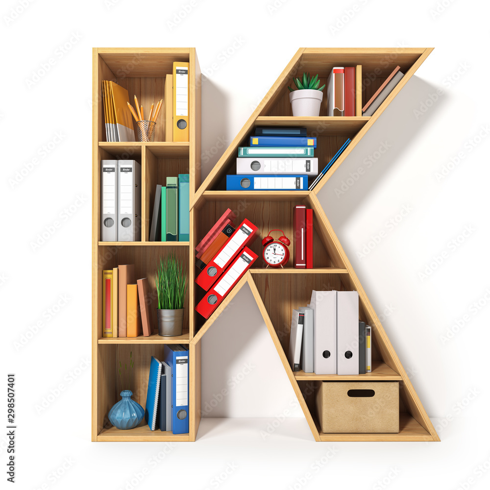 Poster letter k. alphabet in the form of shelves with file folder, binders and books isolated on white. arc