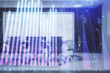Double exposure of forex chart on conference room background. Concept of stock market analysis