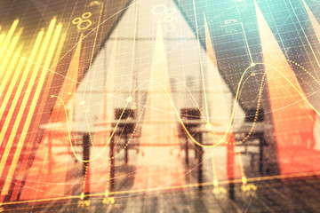 Double exposure of forex chart on conference room background. Concept of stock market analysis