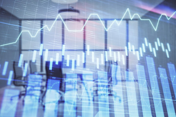Multi exposure of stock market graph on conference room background. Concept of financial analysis