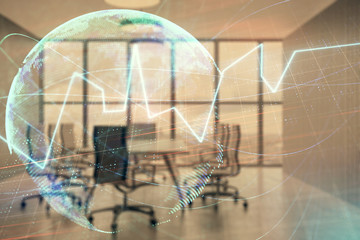 Fototapeta na wymiar Double exposure of stock market graph with globe hologram on conference room background. Concept of international finance