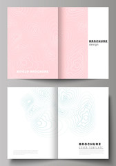 Fototapeta premium The vector layout of two A4 format modern cover mockups design templates for bifold brochure, magazine, flyer, booklet, annual report. Topographic contour map, abstract monochrome background.