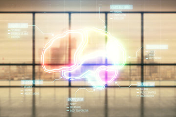 Double exposure of brain icon hologram on empty room interior background. Education concept.