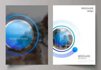 The vector layout of A4 format modern cover mockups design templates for brochure, magazine, flyer, booklet, annual report. Creative modern blue background with circles and round shapes.