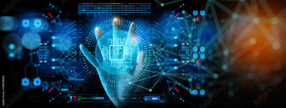 Poster Artificial intelligence (AI) with machine deep learning and data mining and another modern computer technologies UI by hand touching CPU icon.