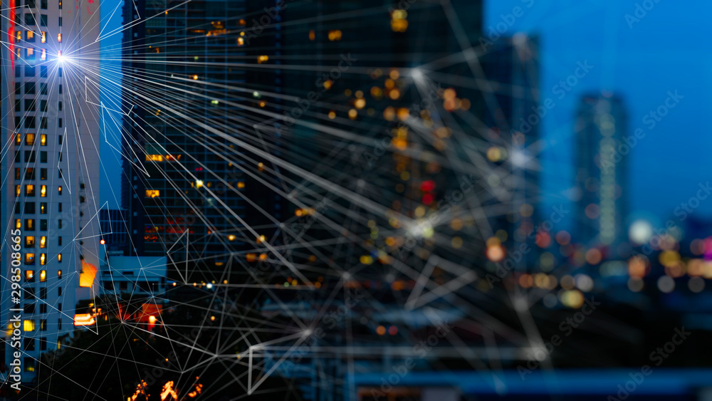 Leinwandbilder wireless network and connection technology concept with abstract buildings and city background
