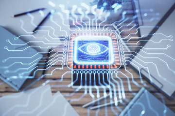 Double exposure of technology theme drawing on digital tablet laying on table background. Concept of hightech