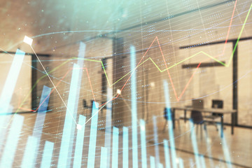 Stock and bond market graph with trading desk bank office interior on background. Multi exposure. Concept of financial analysis