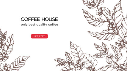 Vector template for coffee business, coffee house website screen. Concept with coffee tree and berries on white background. Illustration for landing page or banner, flyer or blog post.