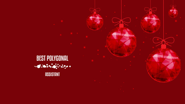 New Year polygonal red balls. Background of beautiful dark red sky with stars. Low poly.