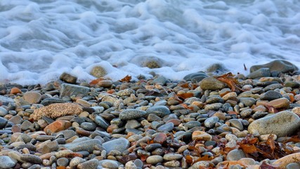 La mer qui vient sur les galets d'une plage en Bretagne