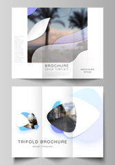 Minimal vector illustration of editable layouts. Modern creative covers design templates for trifold brochure or flyer. Blue color gradient abstract dynamic shapes, colorful geometric template design.