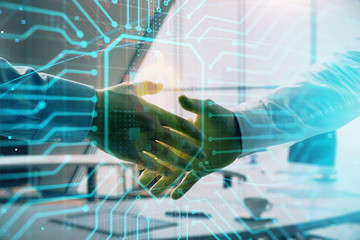 Double exposure of business theme drawing on office background with two businessmen handshake. Concept business