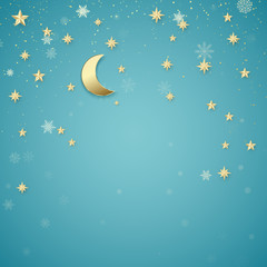 Christmas night background. Golden stars and snowflakes on blue background. Holiday design element. Vector