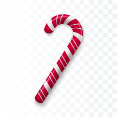 Fototapeta premium Red and white Chrisrmas candy. Realistic sweet stick. Template for Christmas and New Year greeting cards. Holiday decoration element. Vector illustration isolated on transparent background