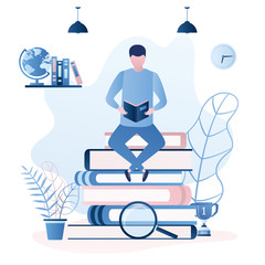Handsome man student sitting on pile of books. Male character reading book or textbook. Education or learning concept.