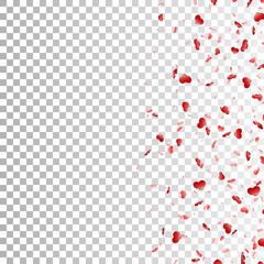 Heart falling confetti isolated white transparent background. Red fall hearts. Valentine day decoration. Love element design, hearts-shape confetti wedding card, romantic holiday. Vector illustration