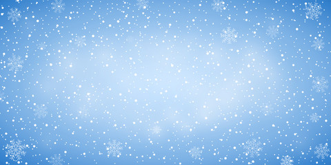 Snow blue background. Christmas snowy winter design. White falling snowflakes, abstract landscape. Cold weather effect. Magic nature fantasy snowfall texture decoration Vector illustration