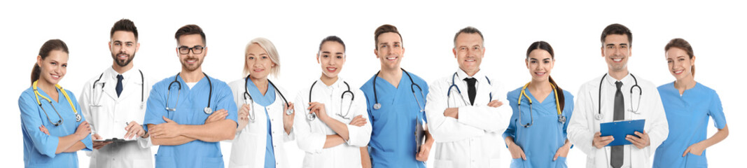 Collage of people in uniforms on white background. Medical staff