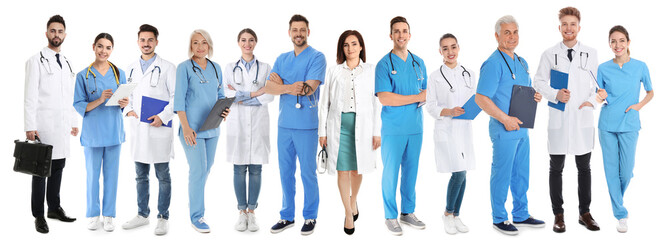 Portrait of medical doctor with clipboard and stethoscope isolated on white
