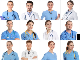 Collage of people in uniforms on white background. Medical staff