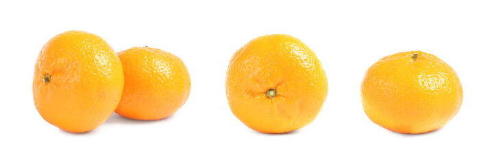 Set of fresh ripe tangerines on white background
