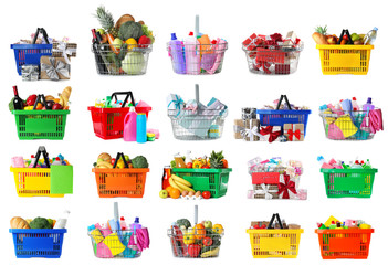Set of shopping baskets with grocery products, gifts and household chemicals on white background