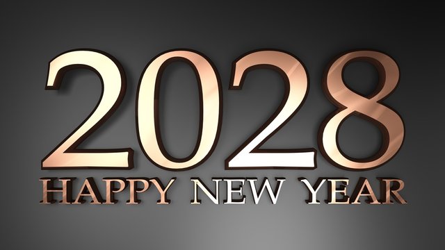 2028 Happy New Year copper write on black background - 3D rendering illustration