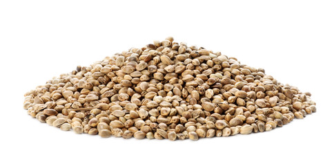 Pile of hemp seeds on white background