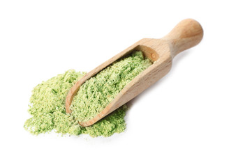 Scoop of hemp protein powder isolated on white