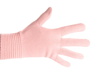 Woman wearing pink glove on white background, closeup. Autumn clothes