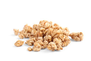Pile of healthy granola on white background